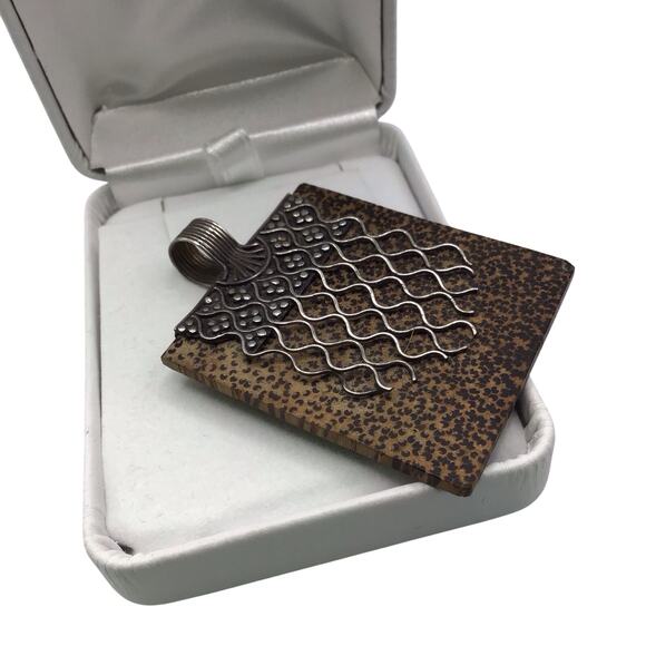 Vintage Square Pendant Silver Scroll Accent Animal Print Design Charm - Picture 1 of 9